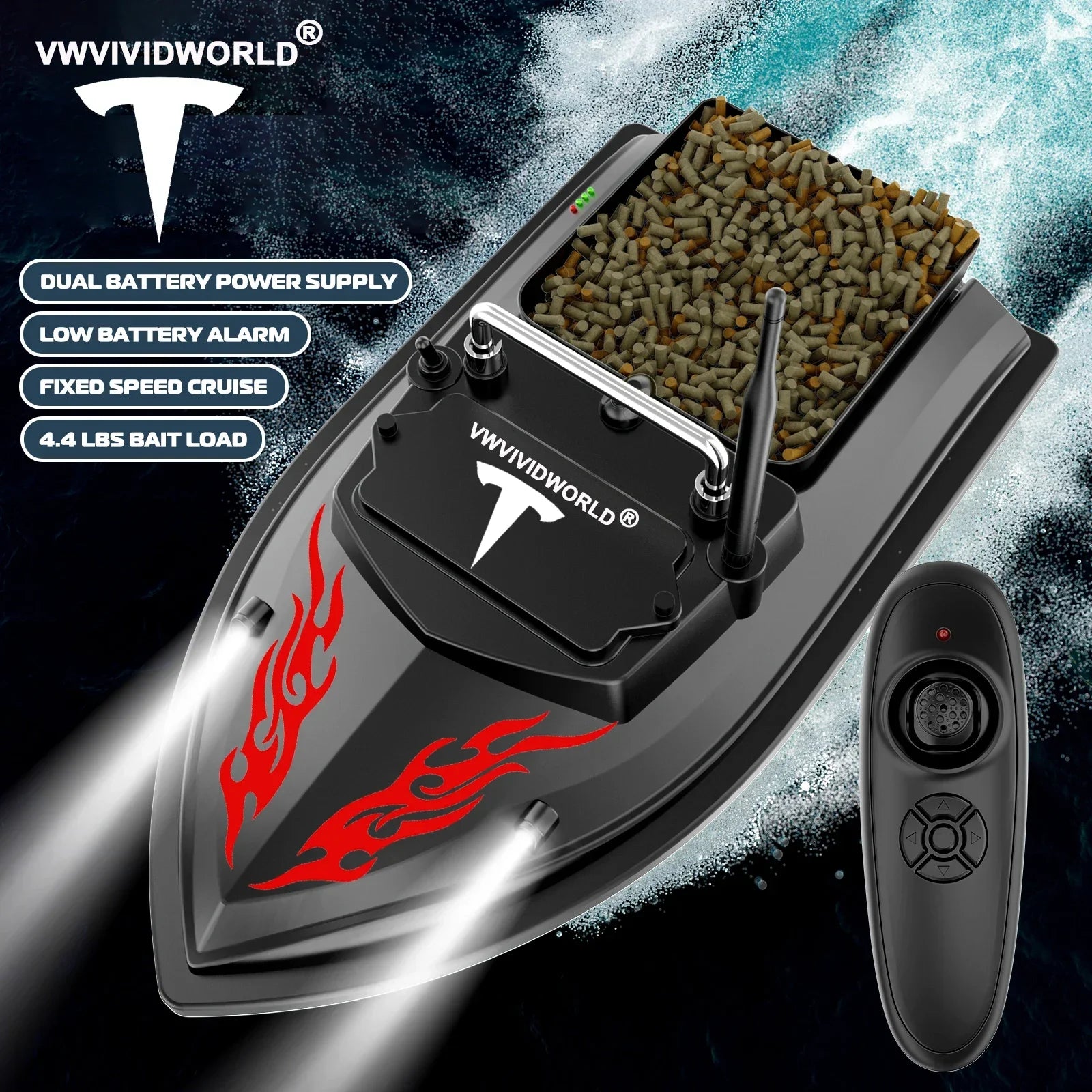 Bateau Appât Pêche GPS – 52 W – 600 M – Double Moteur 390 – Batterie 5200 MAh – 99 Points – Télécommande LCD